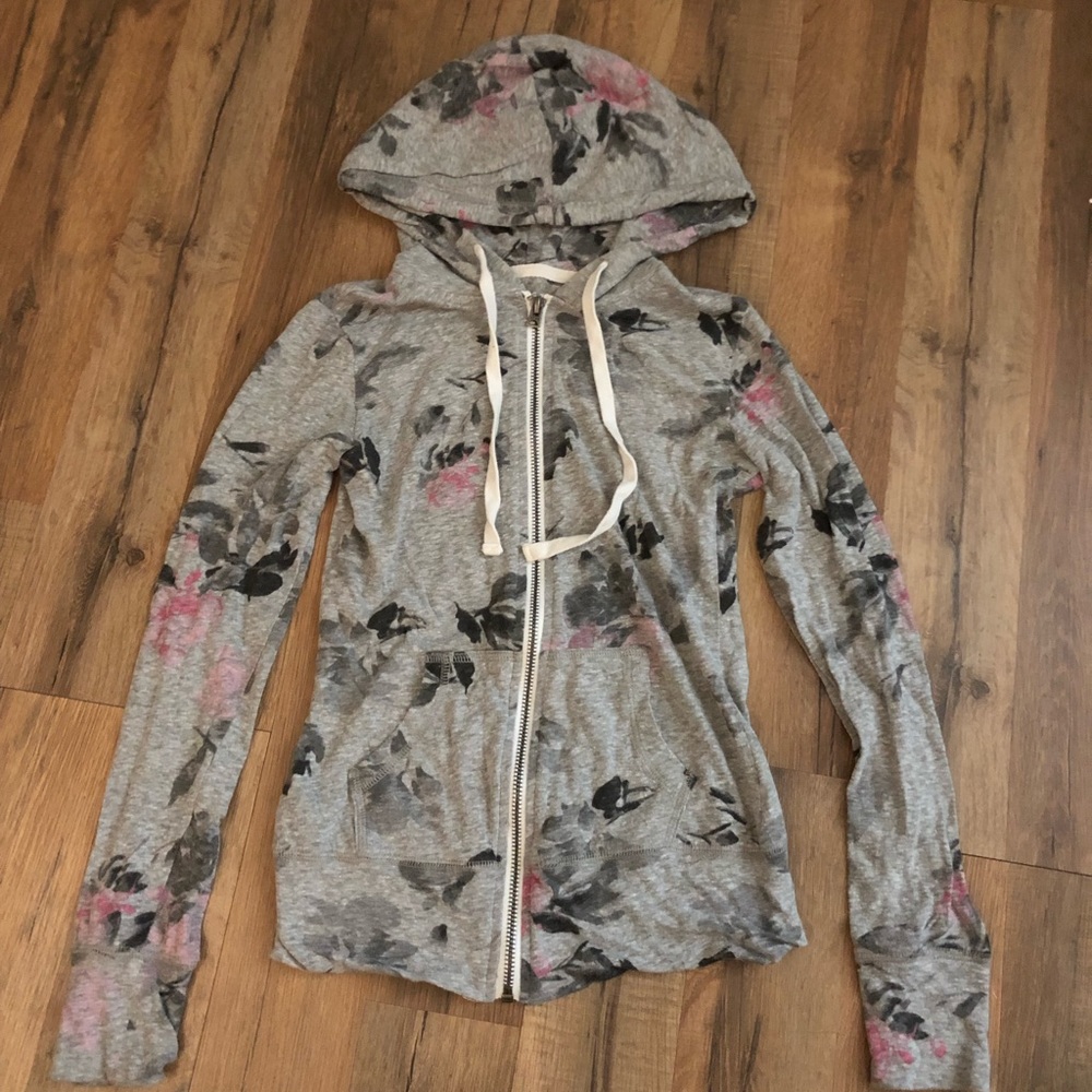 Grey Floral Zip Up Hoodie